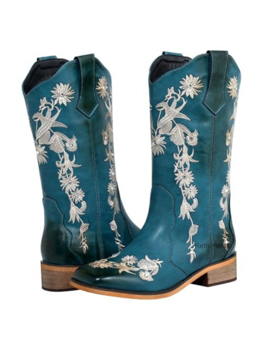 Women's Square Toe Mid Calf Western Cowboy Boots Floral Rhinestone Embroidered